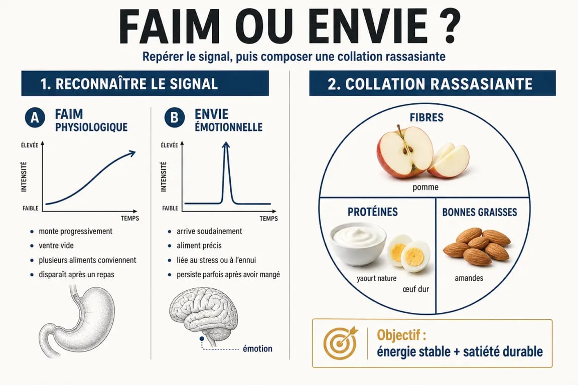 Grignotage sain : visuel comparant la faim réelle et l’envie émotionnelle, avec exemples de collation rassasiante