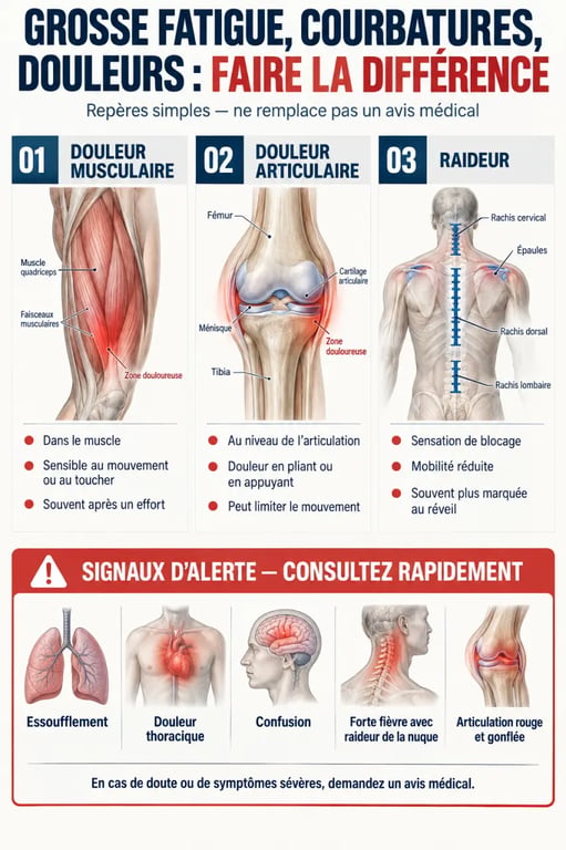 Grosse fatigue courbatures douleurs articulaires : différences entre douleurs musculaires, articulaires et signes d’alerte