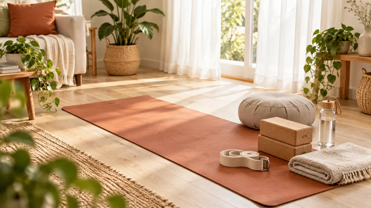 Femme pratiquant le yoga doux dans un salon lumineux entouré de plantes