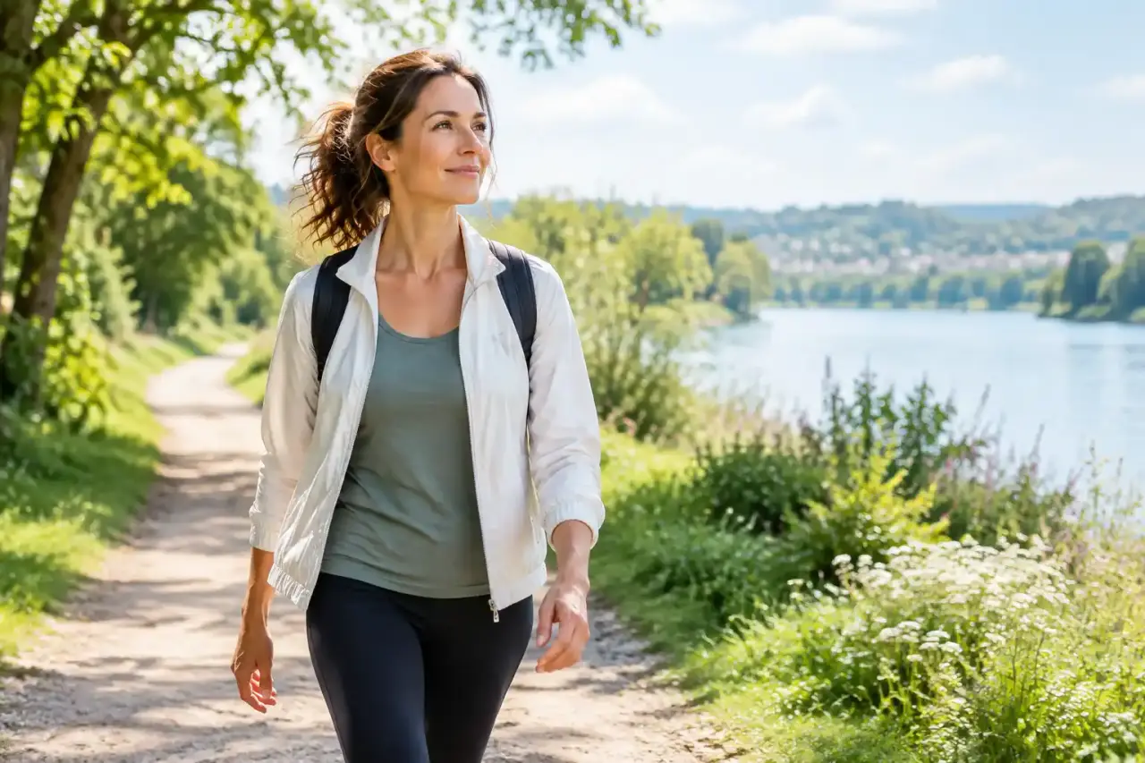 Femme marchant consciemment sur un chemin bordé d'arbres dans une lumière douce