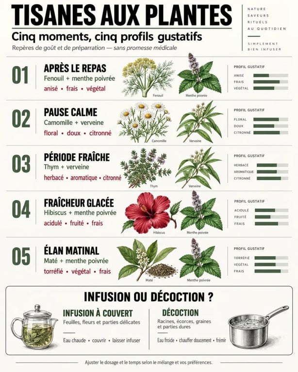 Infographie sur la tisane aux plantes, les usages des principales plantes et la différence entre infusion et décoction