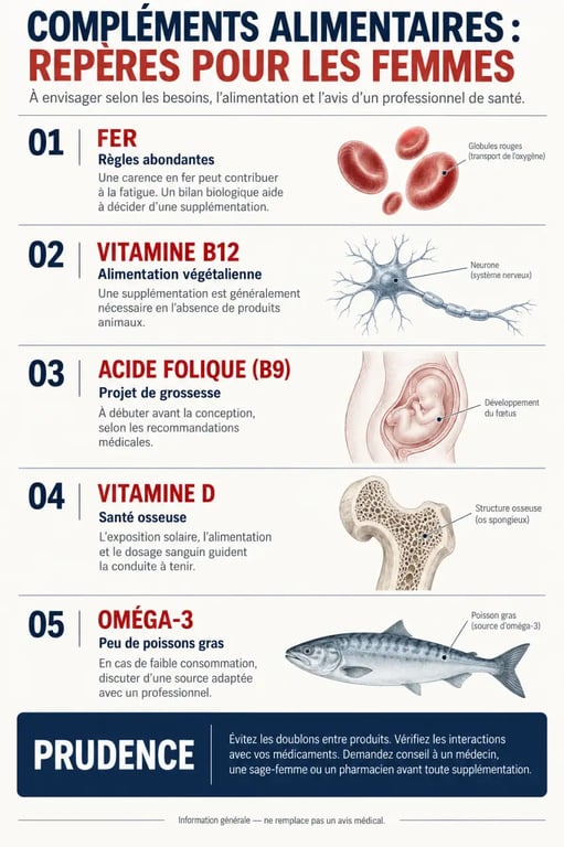 Infographie sur les compléments alimentaires pour femme et les principaux points de vigilance