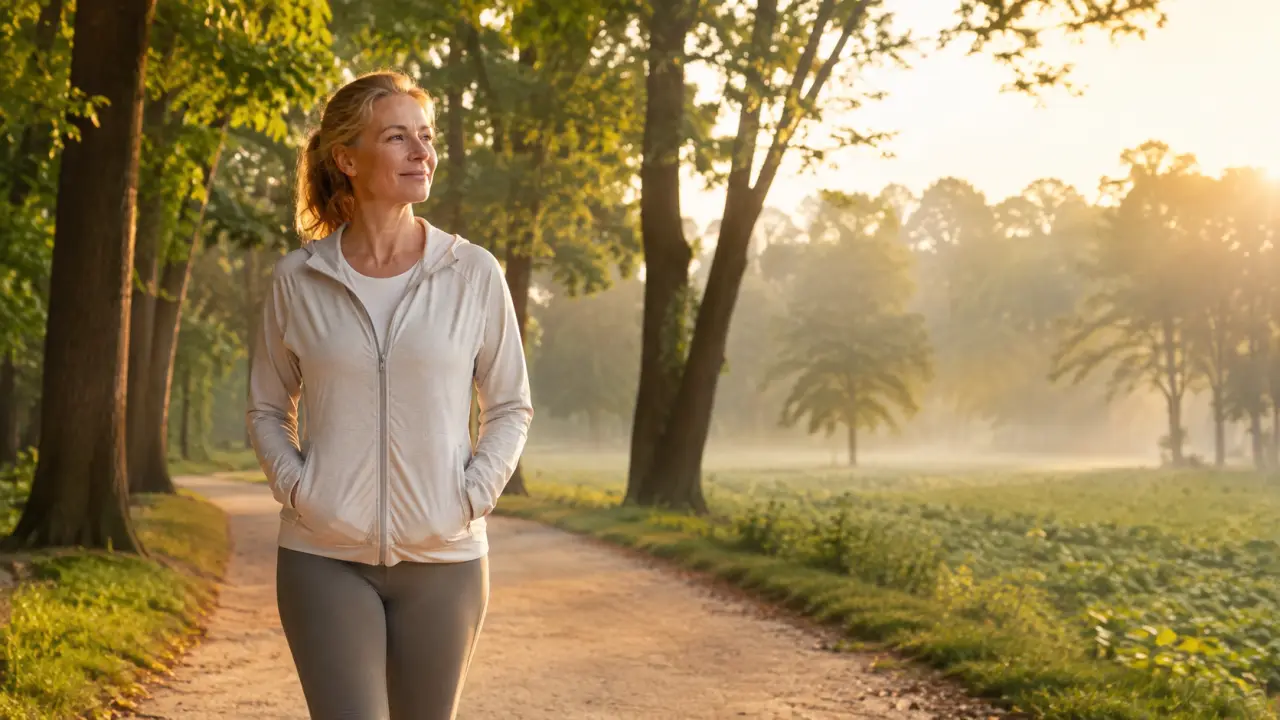 Femme marchant sereinement dans un paysage naturel au petit matin