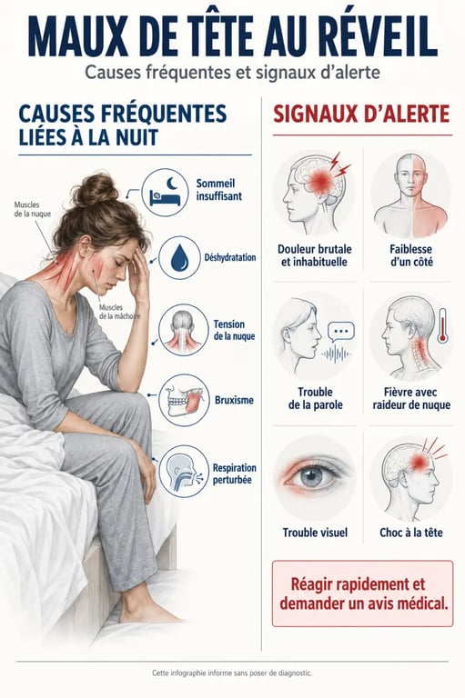 Infographie sur les maux de tête au réveil, causes fréquentes et signaux d’alerte