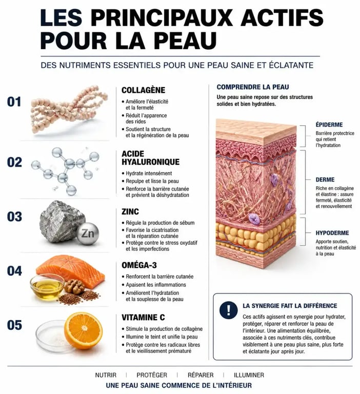 Infographie des actifs de complément alimentaire pour la peau et leurs bienfaits