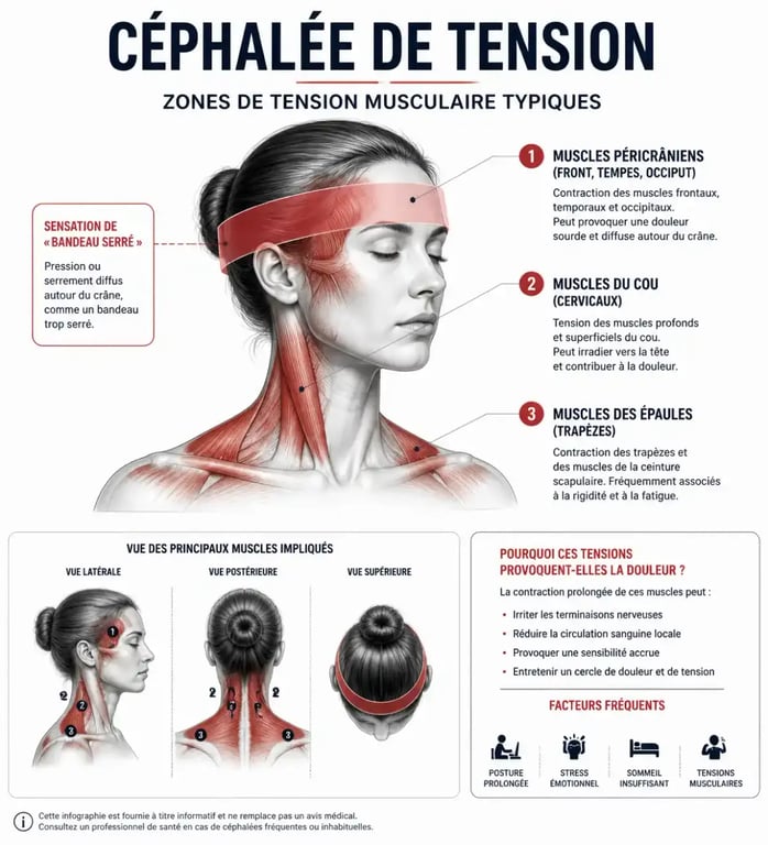 Schéma des zones de tension musculaire lors d'une céphalée de tension stress