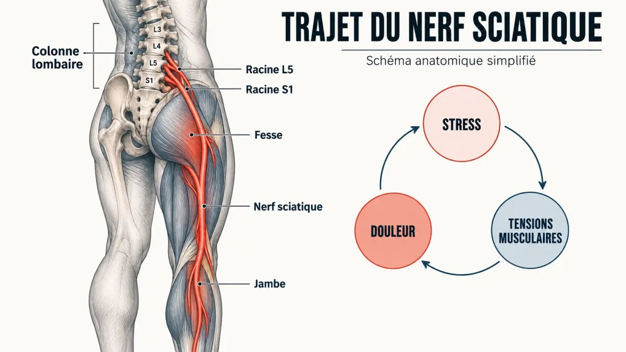 Schéma du lien entre sciatique et stress avec le trajet du nerf sciatique et les racines L5 et S1