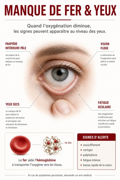 Manque de fer symptomes yeux : visuel médical montrant paupière pâle, vision floue, yeux secs et signes d’alerte