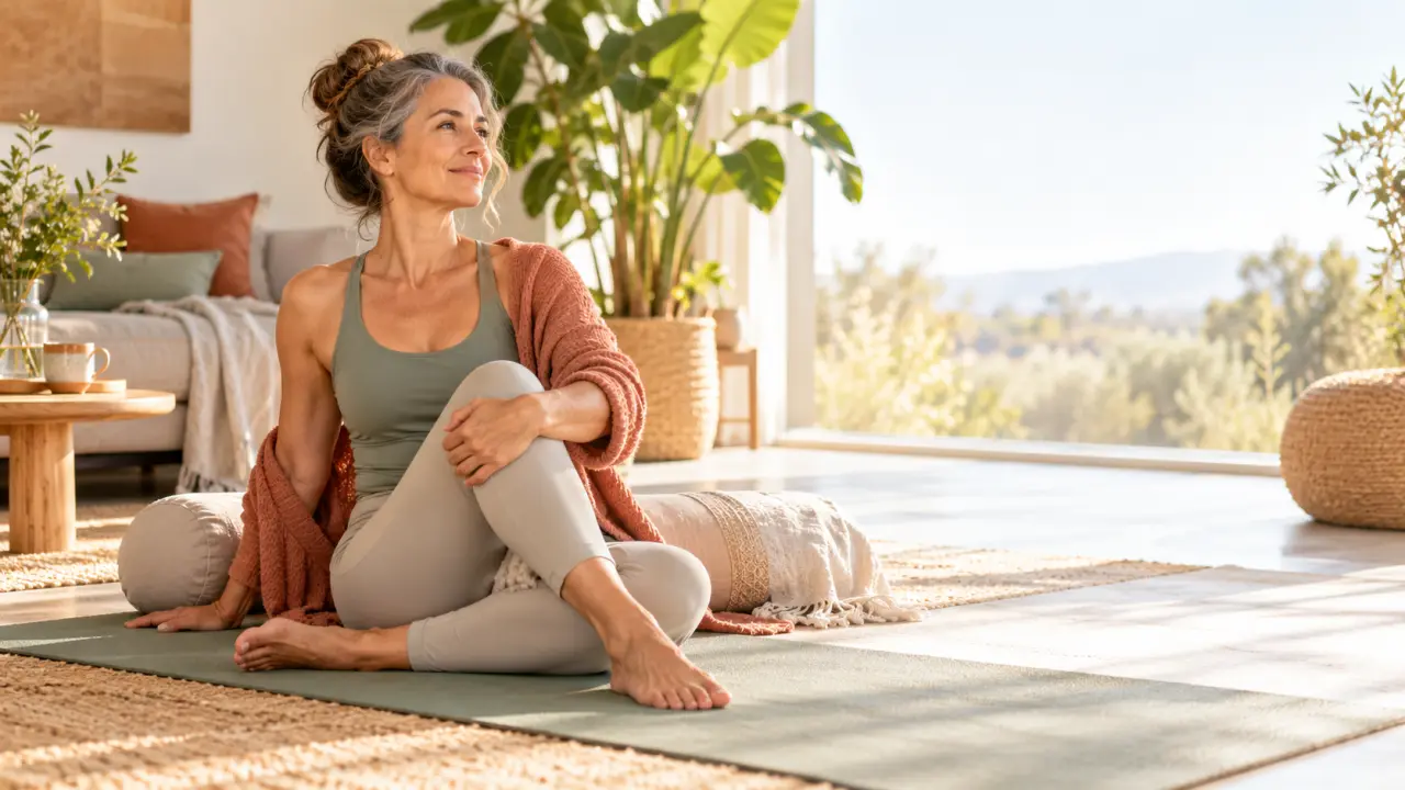 Femme souriante pratiquant un yoga doux dans un salon lumineux rempli de plantes