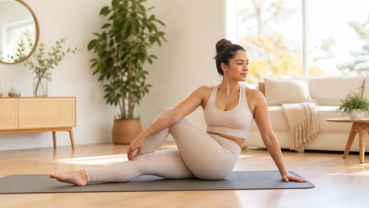 Femme pratiquant un mouvement de pilates doux dans un salon lumineux avec des plantes