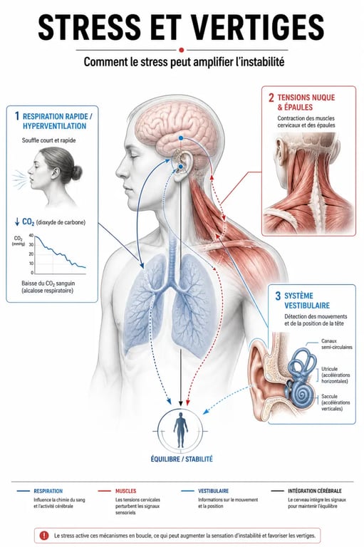 Stress et vertiges : schéma du lien entre anxiété, hyperventilation et système vestibulaire