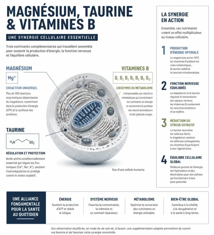 Infographie sur la synergie des actifs de la gamme D-Stress : magnésium, taurine et vitamines B