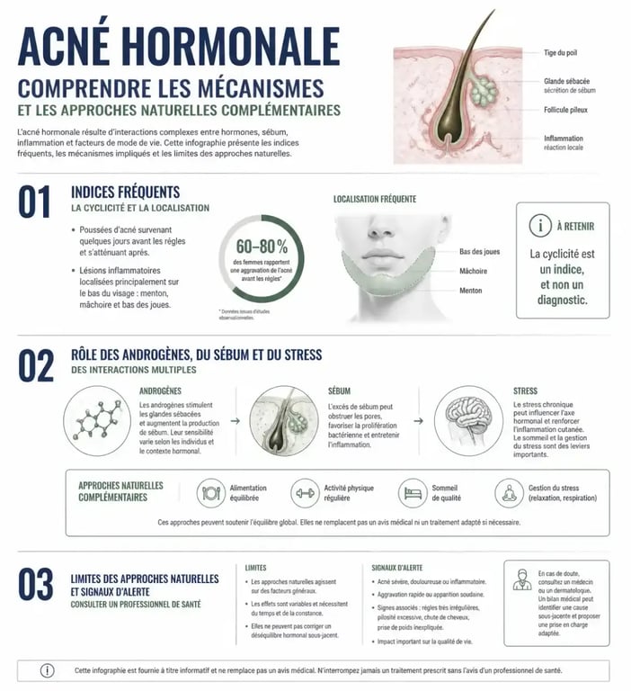 Infographie sur l’acné hormonale traitement naturel, les signes, les mécanismes généraux et les précautions