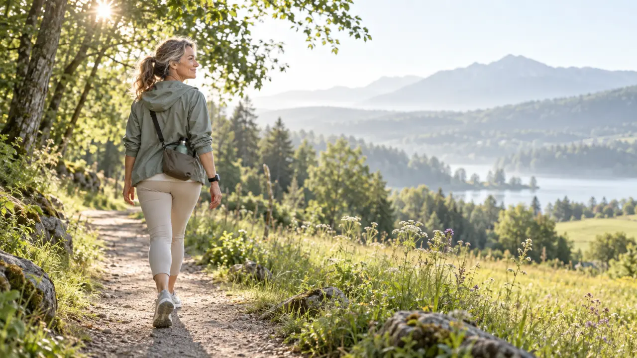 Femme pratiquant la marche consciente dans un environnement naturel lumineux