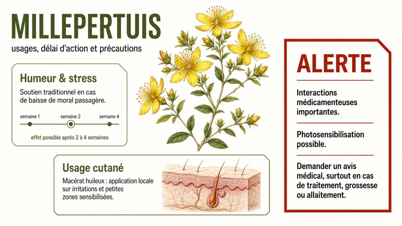Bienfaits millepertuis : synthèse visuelle sur l’humeur, le stress, la peau et les précautions d’emploi