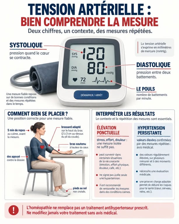 Infographie sur la tension et homéopathie, les chiffres systolique et diastolique et la mesure de la pression artérielle