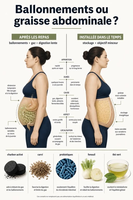 Complément alimentaire ventre plat : schéma comparatif entre ballonnements, rétention d’eau et graisse abdominale