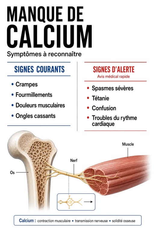 Manque de calcium symptômes : infographie des signes courants et des signes d’alerte à surveiller