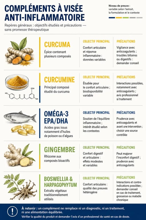 Infographie sur les compléments alimentaires anti-inflammatoires et leurs précautions