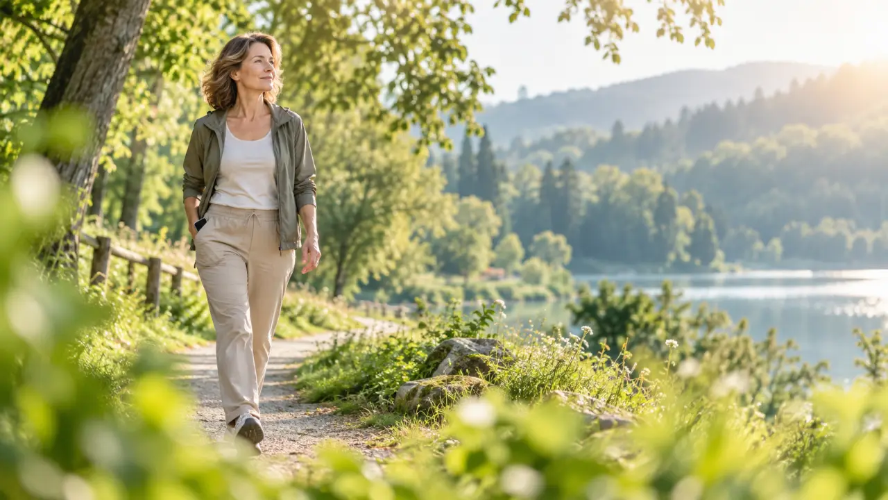 Femme marchant avec sérénité dans un environnement naturel lumineux