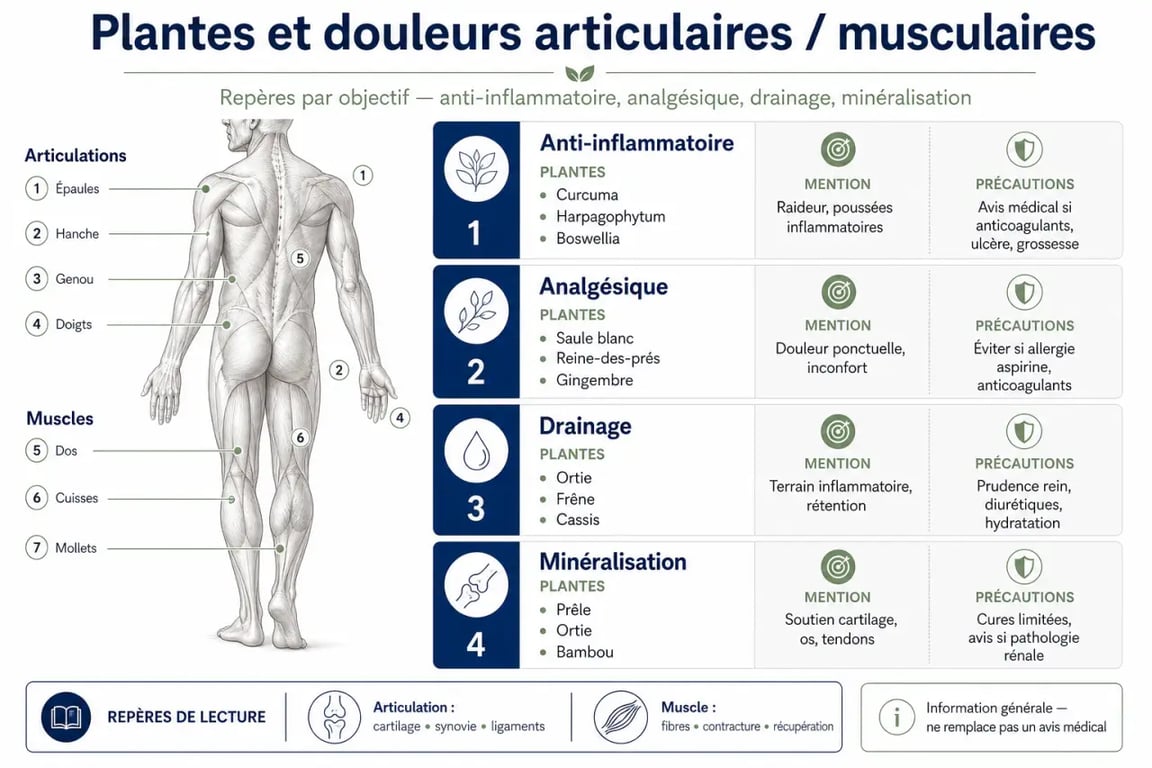 Plantes pour douleurs articulaires et musculaires : synthèse visuelle des plantes selon l’objectif, avec précautions et usages