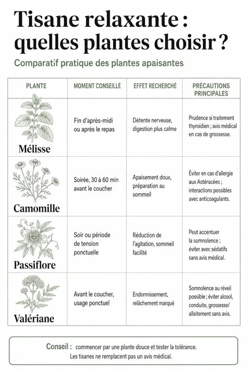Tisane pour relaxer : infographie des plantes apaisantes selon le moment de prise et les précautions