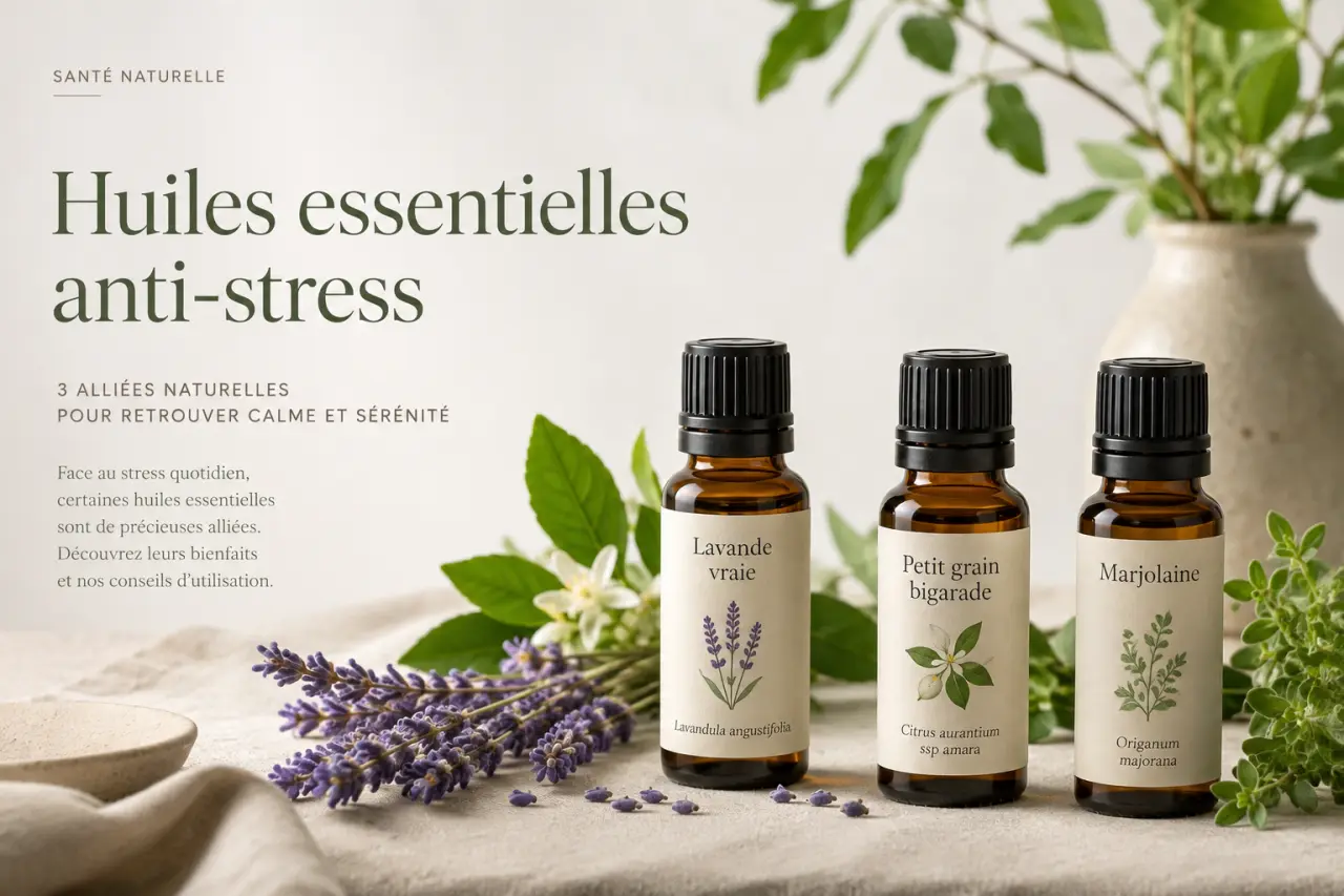 Huiles essentielles anti-stress : lavande vraie, petit grain bigarade et marjolaine selon le besoin