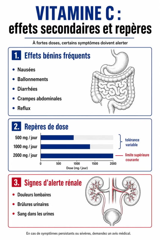 Infographie sur la vitamine C effets secondaires : troubles digestifs, seuils de dose et signes d’alerte rénale