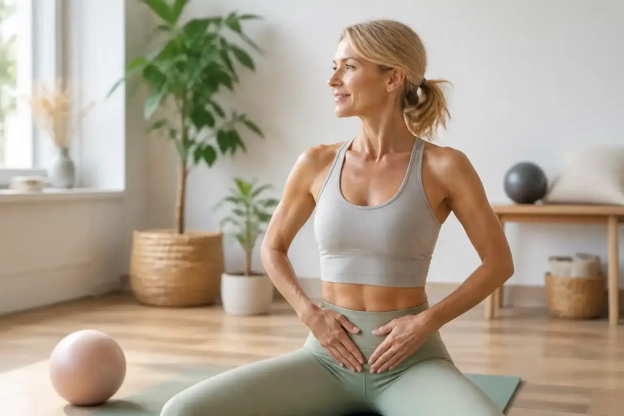 Femme pratiquant le Pilates doux sur un tapis de sol dans un espace lumineux