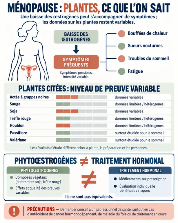 Infographie sur les plantes et ménopause, les symptômes ciblés, le niveau de preuve et les précautions