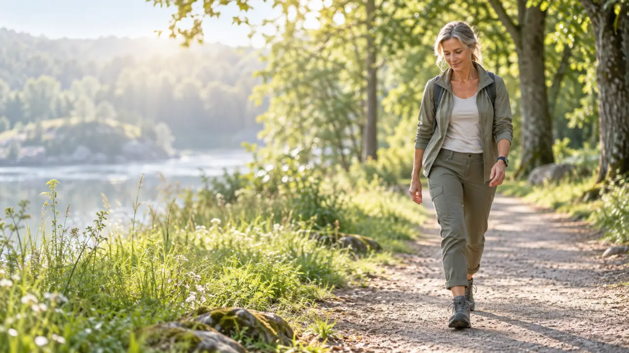 Femme marchant sereinement dans un chemin arboré pour pratiquer la marche consciente