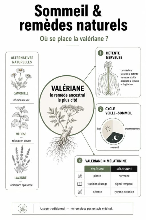 Infographie sur le plus vieux somnifère naturel du monde, la valériane, et les alternatives naturelles pour mieux dormir