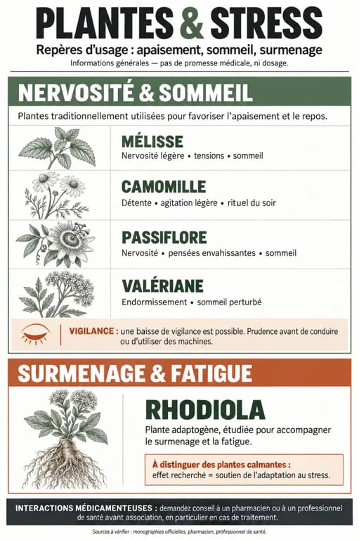 Infographie sur les plantes contre le stress, leurs usages et précautions