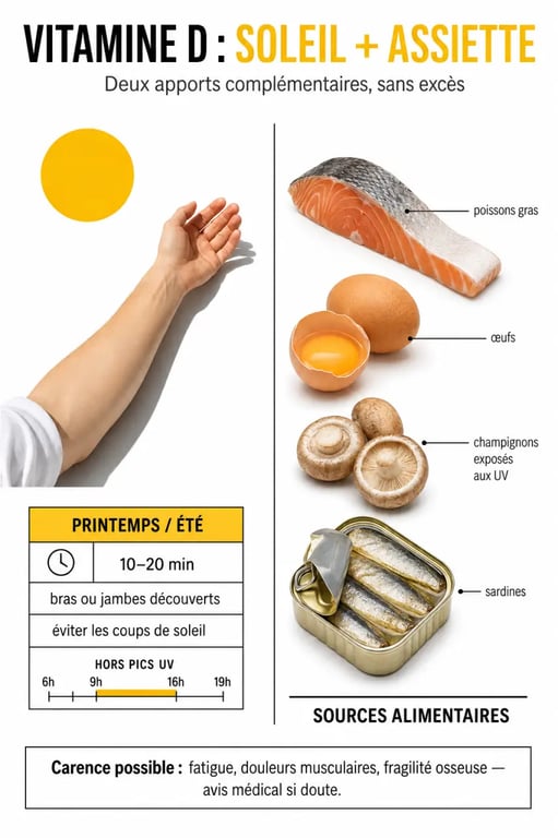 Remède de grand-mère manque de vitamine D : soleil raisonnable et aliments riches en vitamine D
