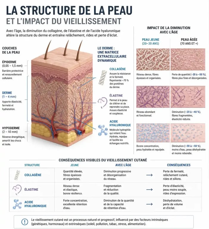Schéma explicatif des actifs anti-âge : collagène, élastine et acide hyaluronique pour un complément alimentaire anti-âge efficace.