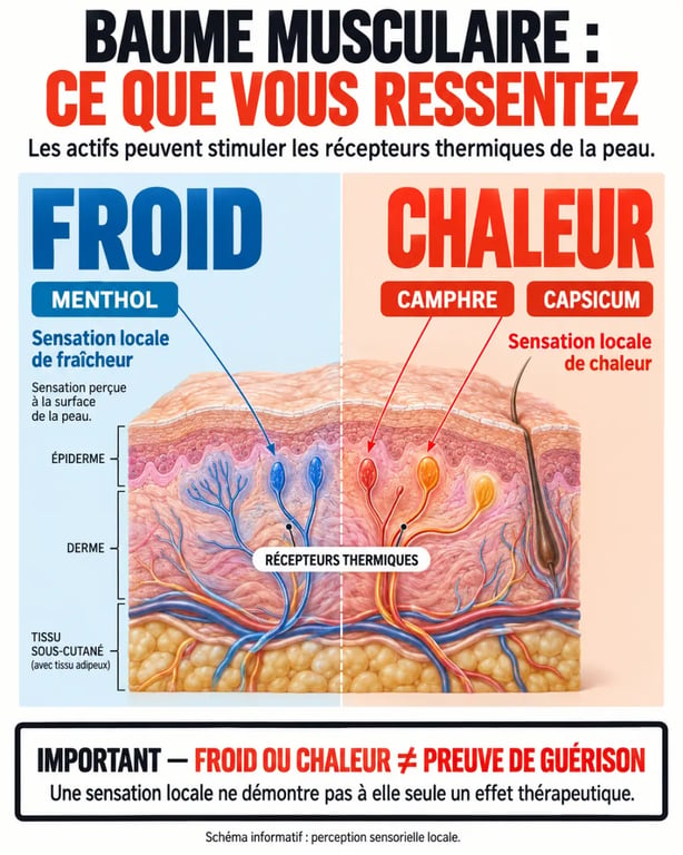 Baume pour douleurs musculaires : schéma des sensations froides et chauffantes du menthol, du camphre et du capsicum