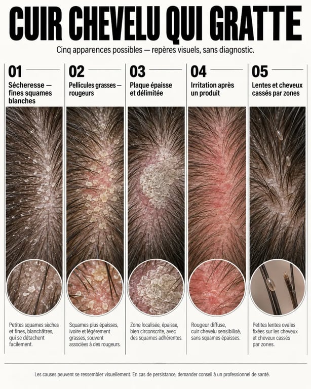 Illustration des causes possibles du grattage cuir chevelu et des signes à observer