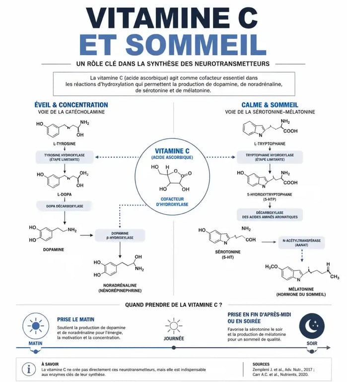 Schéma expliquant si la vitamine C empêche de dormir via son rôle sur la dopamine, la sérotonine et la mélatonine