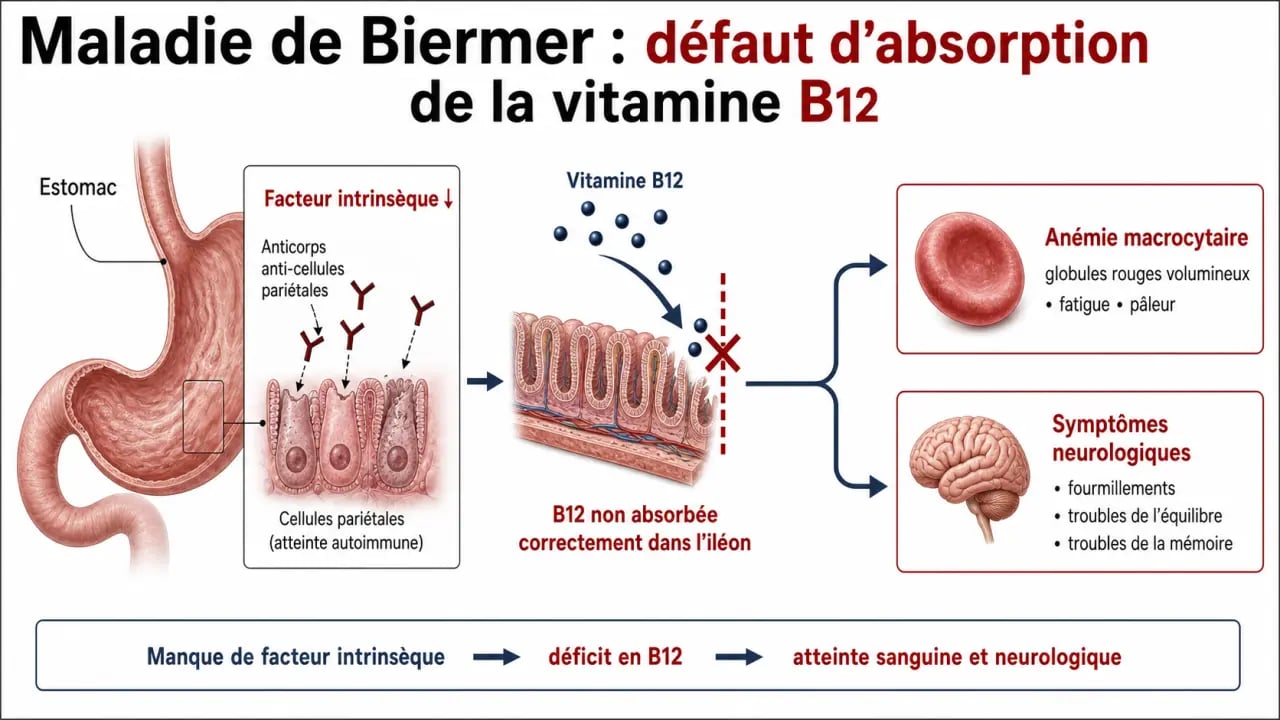Maladie de Biermer symptômes : schéma du défaut de facteur intrinsèque, de la carence en vitamine B12 et des signes d’anémie et neurologiques.