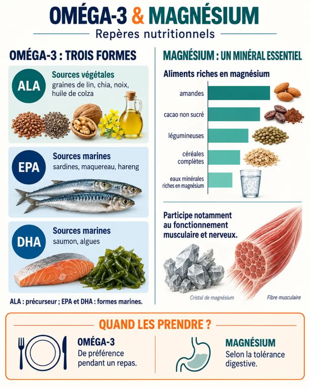 Infographie sur les oméga 3 et magnésium : différences entre ALA, EPA, DHA et rôles du magnésium