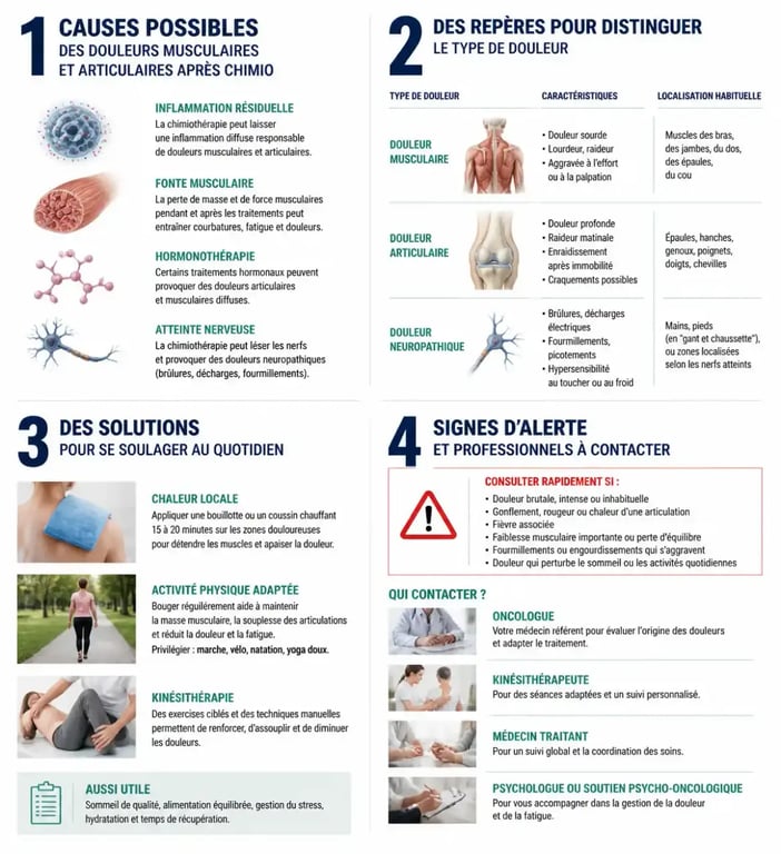 douleurs musculaires et articulaires après chimio : schéma des causes, des signes distinctifs et des solutions