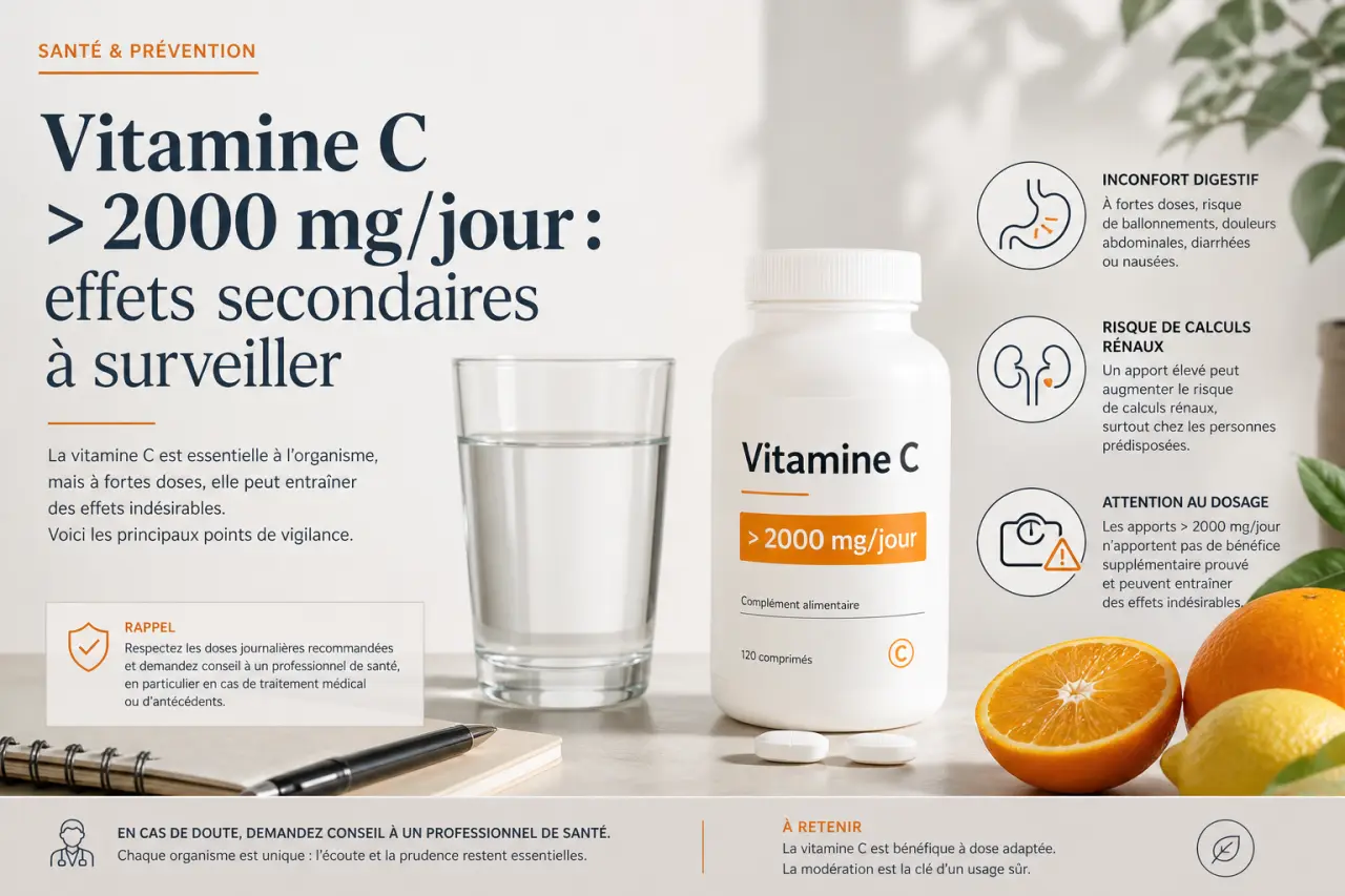Vitamine C : quels effets secondaires surveiller au-delà de 2000 mg par jour ?
